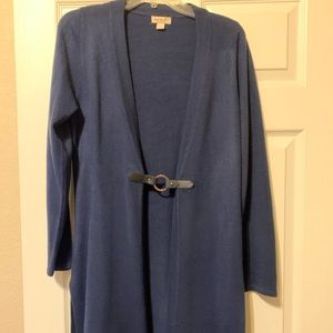 Women’s long sweater with one leather front closure.